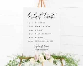 Printable Order of Events Wedding Sign Template - Sophia Script Wedding Day Timeline Itinerary Sign - 3 Sizes DIY, Editable, Templett