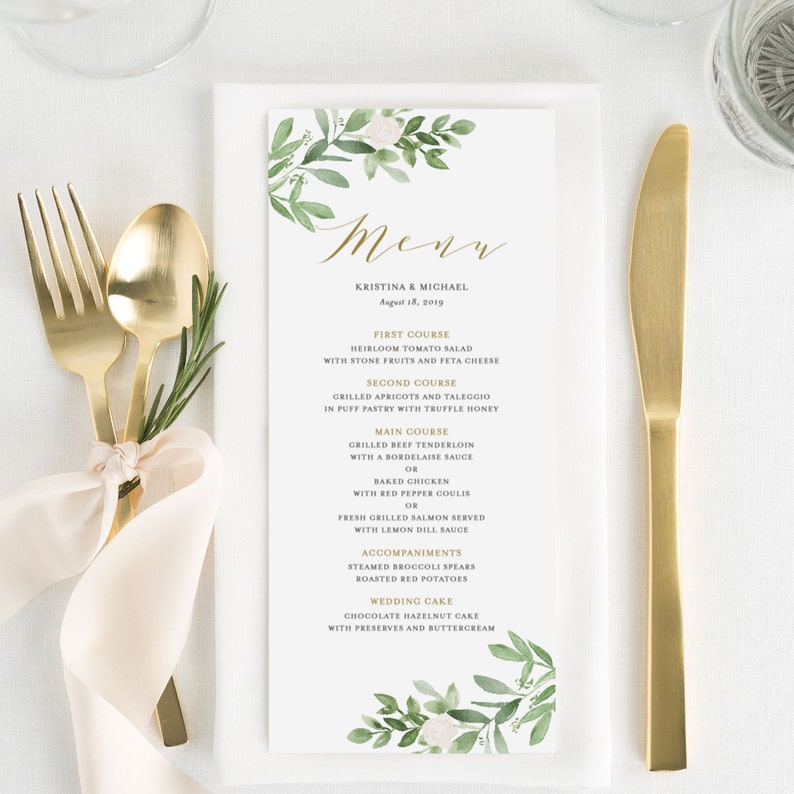 Greenery Wedding Menu Card Template Editable Templett GWF23 DIY Printable Watercolor Greenery and White Flowers Menu Card