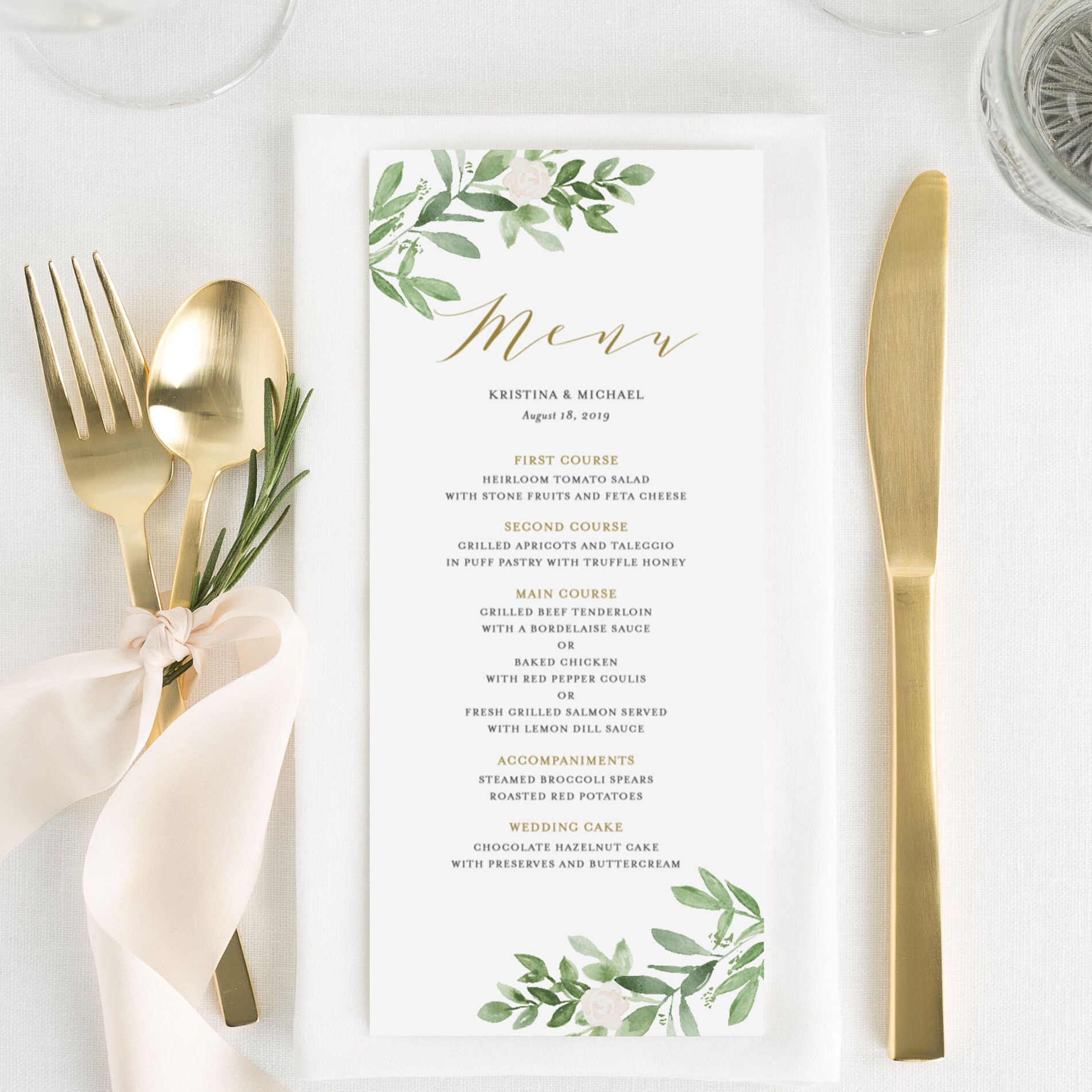 Wedding Menu Template with Watercolor Cream Roses & Greenery Editable Menu Template AB08_01_009 Wedding Dinner Menu