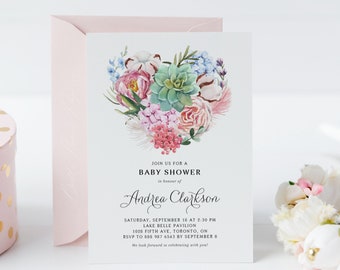 Printable Floral Baby Shower Invitation Template - Watercolor Succulent Floral Heart Cluster Girl Baby Shower Evite - Editable Invite FHC89