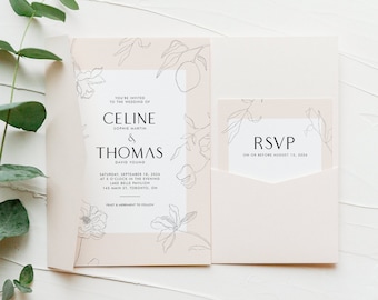 Printable Blush Minimalist Floral Wedding Invitation Set Template - Editable Modern Botanical Flowers Invite & RSVP Wedding Suite #335