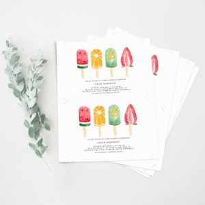 May include: A baby shower invitation with a watercolor illustration of popsicles with fruit flavors: watermelon, orange, kiwi, and strawberry. The invitation text reads "You're invited to a baby shower celebrating Chloe Anderson. Saturday, September 14 at 2:30 PM. Belle Tea House, 184 Slater St, New York, NY. Hosted by Alex. RSVP to 888 987 6434 by September 5. We look forward to celebrating with you!"
