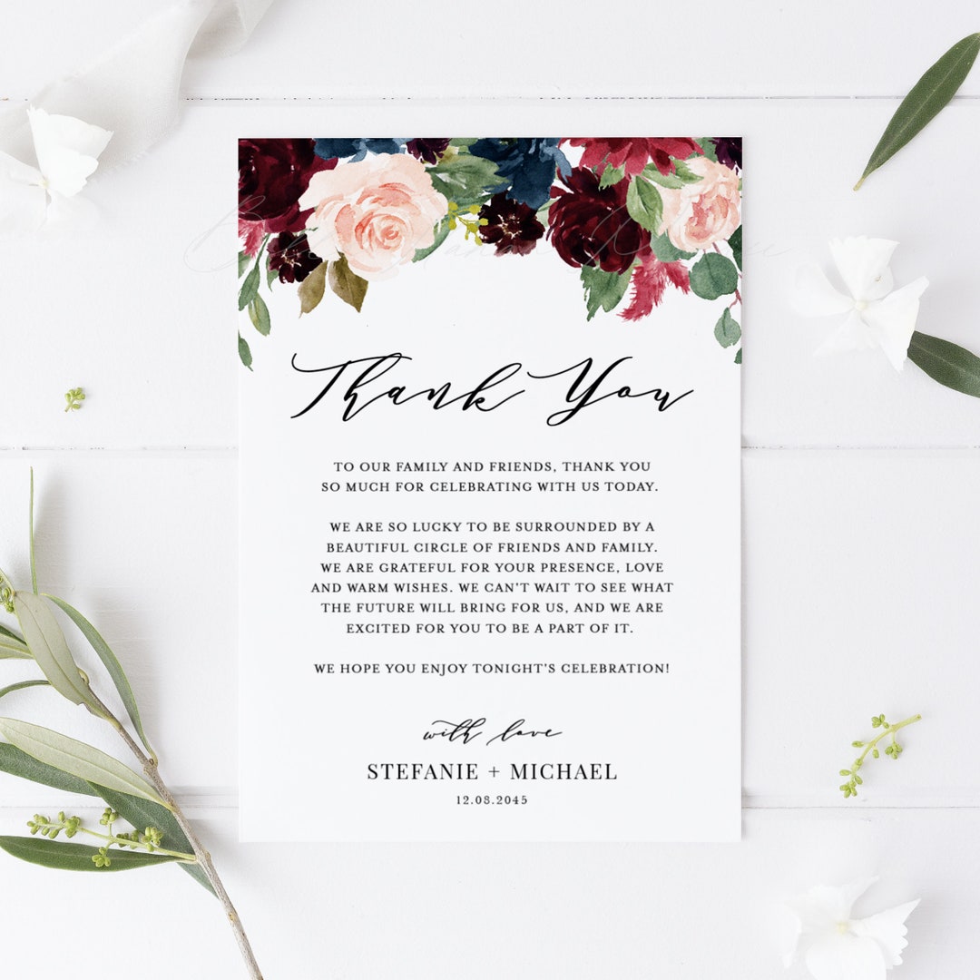 Printable Fall Floral Wedding Thank You Card Template - DIY Burgundy ...