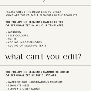 Może przedstawiać: Kremowa grafika z czarnym tekstem wyszczeg&oacute;lniającym edytowalne i nieedytowalne elementy w szablonie. Tekst zawiera "what can you edit?" i "what can't you edit?" z listami opcji. W prawym dolnym rogu znajduje się tekst "Belle Hanah Paperie."