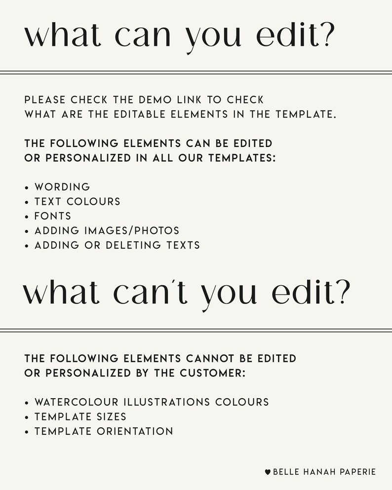 Może przedstawiać: Kremowa grafika z czarnym tekstem wyszczeg&oacute;lniającym edytowalne i nieedytowalne elementy w szablonie. Tekst zawiera "what can you edit?" i "what can't you edit?" z listami opcji. W prawym dolnym rogu znajduje się tekst "Belle Hanah Paperie."