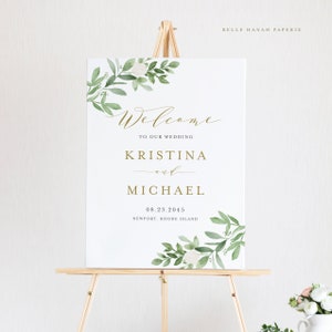 Printable Greenery Wedding Welcome Sign Template - DIY 18x24 Watercolor Greenery White Flowers Wedding Poster - Editable Wedding Sign GWF23