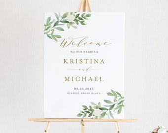 Printable Greenery Wedding Welcome Sign Template - DIY 18x24 Watercolor Greenery White Flowers Wedding Poster - Editable Wedding Sign GWF23