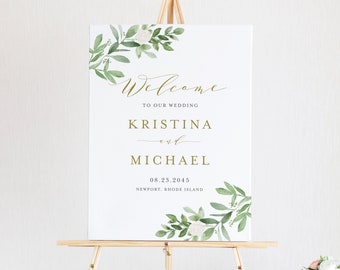 Modèle imprimable de plaque de bienvenue pour mariage verdure - bricolage 18 x 24 aquarelle verdure fleurs blanches affiche de mariage - panneau de mariage modifiable GWF23