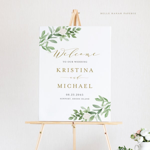 Modèle imprimable de panneau de bienvenue de mariage de verdure - DIY 18x24 Aquarelle Verdure Fleurs blanches Affiche de mariage - Panneau de mariage modifiable GWF23