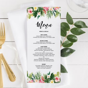 Modèle de carte de menu de mariage imprimable - aquarelle fleurs tropicales et verdure carte de menu - carte de menu de mariage d'été modifiable #010