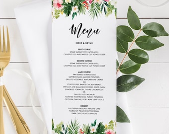 May include: A tropical-themed menu with floral accents. The menu lists the courses for a wedding reception: First Course, Second Course, Main Course, and Dessert. The menu includes the names Irene & Bryan.