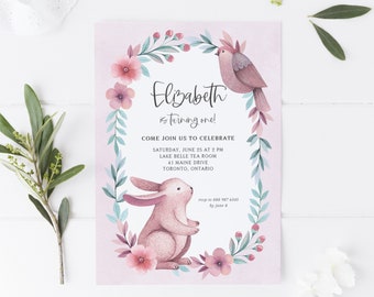 Pink Bunny First Birthday Invitation Template - Printable Watercolor Bunny and Bird Floral Kids Birthday Party Invite - DIY Editable BB15