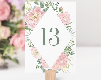 Instant Download Pink Flowers Table Number Cards 1 to 20 - 5x7 Printable Watercolor Blush Pink Floral Frame Wedding Table Numbers PRE5