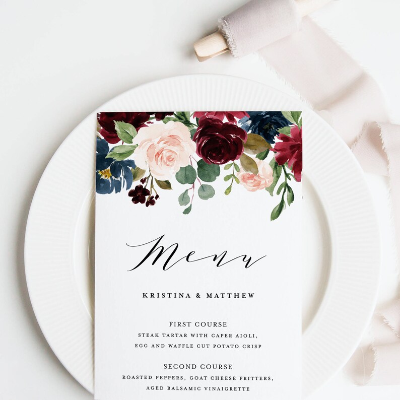 Printable Burgundy Floral Wedding Menu Card Template - Watercolor Burgundy and Navy Floral Fall Menu Card - Autumn Floral Menu Card BNF34 image 3