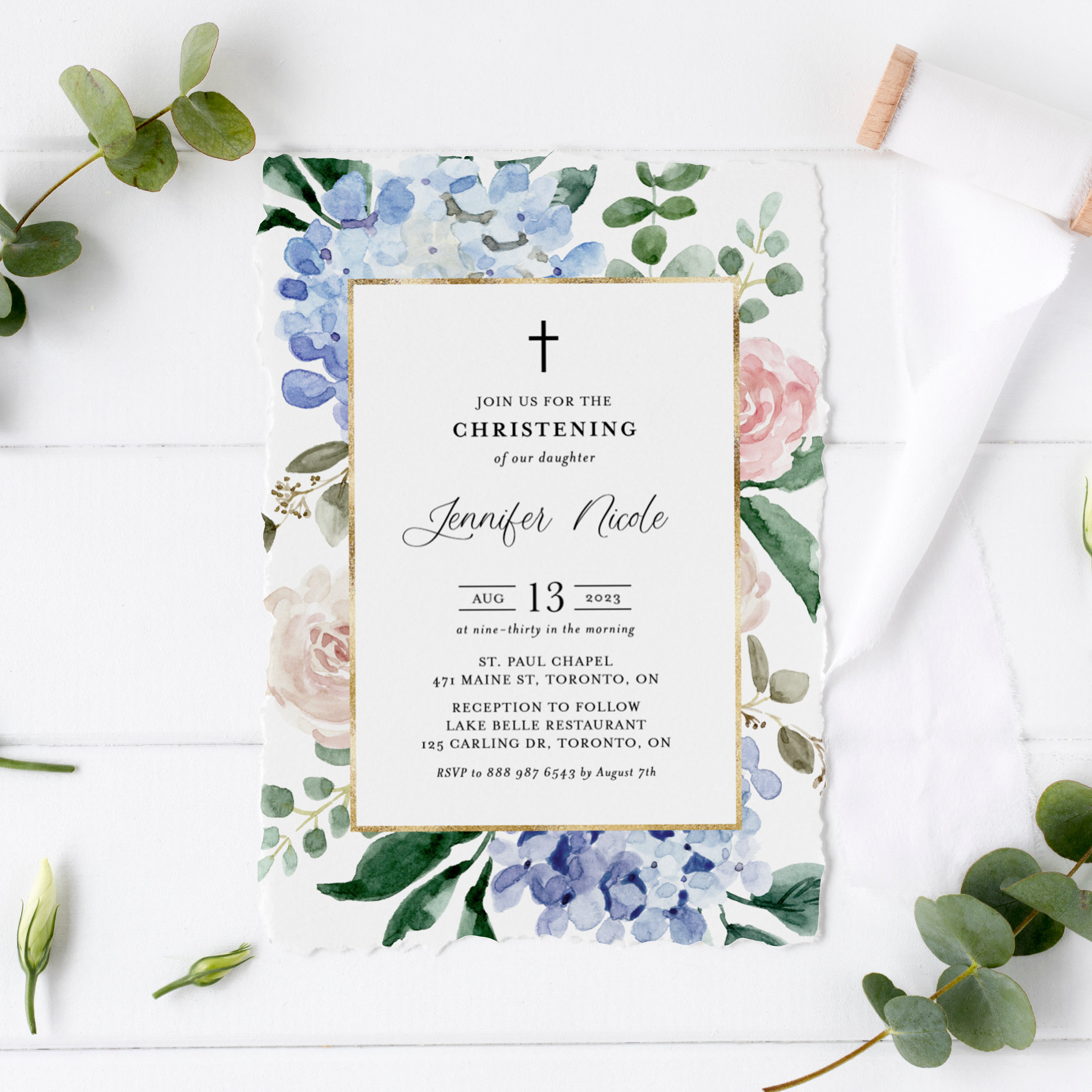 Blue Floral Christening Invitation Template Printable Etsy