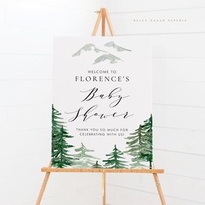 Plantilla imprimible de letrero de bienvenida para baby shower con temática de bosque - Letrero de acuarela para baby shower de 18 x 24 - Letrero de bosque encantado editable WF63