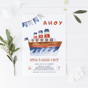 Ahoy It&#39;s a Boy Baby Shower Invitation Template - Printable Watercolor Ship & Banner Nautical Baby Shower Invite - Editable Templett WNS68