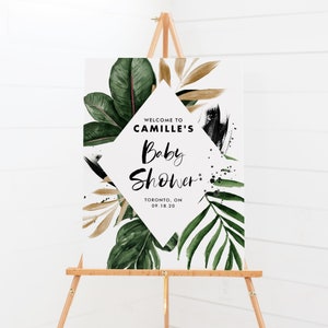 Printable Tropical Baby Shower Welcome Sign Template - DIY Watercolor Tropical Leaves Gold Summer Baby Shower Poster - Editable Sign TF40