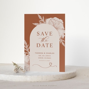 Druckbare Terrakotta Save the Date Kartenvorlage - DIY Boho Botanische Save the Date Ansage - Bearbeitbar Burnt Orange Save the Date TER65