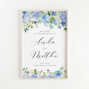 Printable Blue Hydrangea Wedding Welcome Sign Template - Watercolor Blue Hydrangeas & Ivory Roses Welcome Sign - Editable Wedding Sign #024