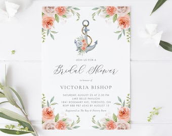 Puede incluir: Una invitación de boda blanca con un borde floral de acuarela y un ancla en el centro. El texto dice "Join us for a Bridal Shower in honour of Victoria Bishop. Sábado, 25 de agosto a las 2:30 PM Lake Belle Pavilion 1841 Rosemary Ave, Toronto, ON RSVP 888 987 6543 antes del 13 de agosto Registrado en The Bay & Pottery Barn"