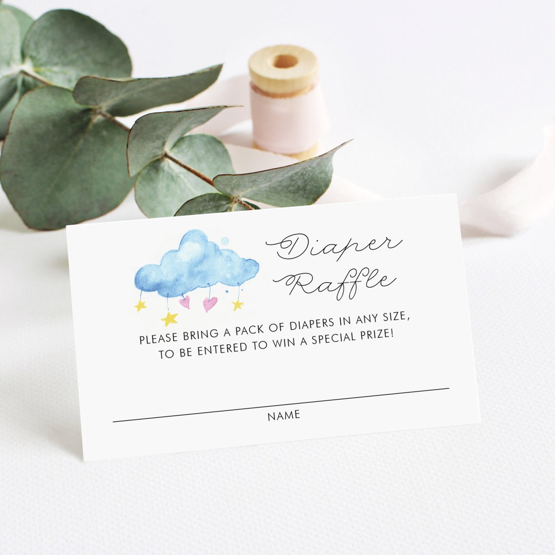 Printable Diaper Raffle Card Template Editable Watercolor Clouds With