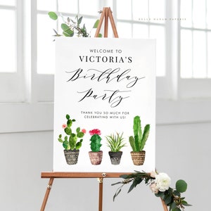 Printable Boho Birthday Welcome Sign Template - Watercolor Potted Succulents and Cactus Summer Birthday Sign - Editable Summer Poster 011A