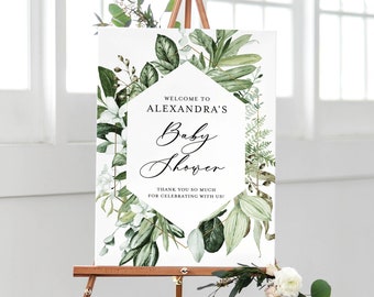 Greenery Baby Shower Plantilla de cartel de bienvenida - Verde acuarela rústica y Magnolia - DIY Baby Brunch Poster Editable, Imprimible GR28