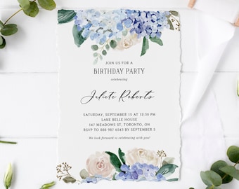 Printable Hydrangea Birthday Party Invitation Template - DIY Watercolor Blue Hydrangea and White Rose Sweet 16 Party Invite - Editable BH12