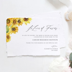 Modelo de cartão floral em vez de favores - Cartão de doação de casamento de girassóis em aquarela rústica para impressão - DIY, editável, Templett WS95