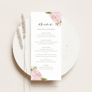 Plantilla de tarjeta de menú de boda floral rubor imprimible - Tarjeta de menú de ducha de rosas y peonías de acuarela rosa rubor 4x9 - Tarjeta de menú editable WP65