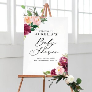Plantilla de signo de bienvenida de Boho Fall Floral Baby Shower - 18x24 Acuarela editable Borgoña Floral Bouquet Otoño Baby Shower Brunch Poster #142