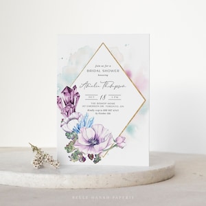 Printable Crystals Bridal Shower Invitation Template - Watercolor Crystals Floral Bridal Shower Evite - Editable Boho Bridal Shower Invite