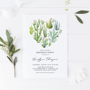 Printable Succulents Birthday Party Invitation Template - Editable Watercolor Succulents and Cacti Heart Summer Birthday Invite - HS28