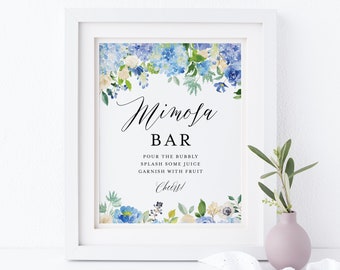 Blue Hydrangeas Mimosa Bar Sign - Printable Watercolor Blue Hydrangeas & Ivory Roses Bridal Shower Mimosa Bar Poster- Instant Download #024