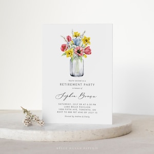 Printable Floral Retirement Party Invitation Template - Rustic Watercolor Spring Flowers Mason Jar Retirement Evite - Editable Invite FJ24