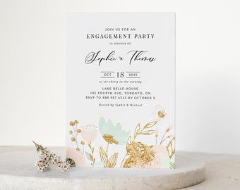 Printable Floral Engagement Party Invitation Template - DIY Mint Flowers Gold Foil Wedding Rehearsal Dinner Evite - Editable Invitation PA46