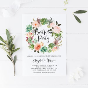 Boho Succulents Wreath Birthday Invitation Template - Printable Watercolor Succulents Floral Wreath Summer Sweet 16 Invitation - #023