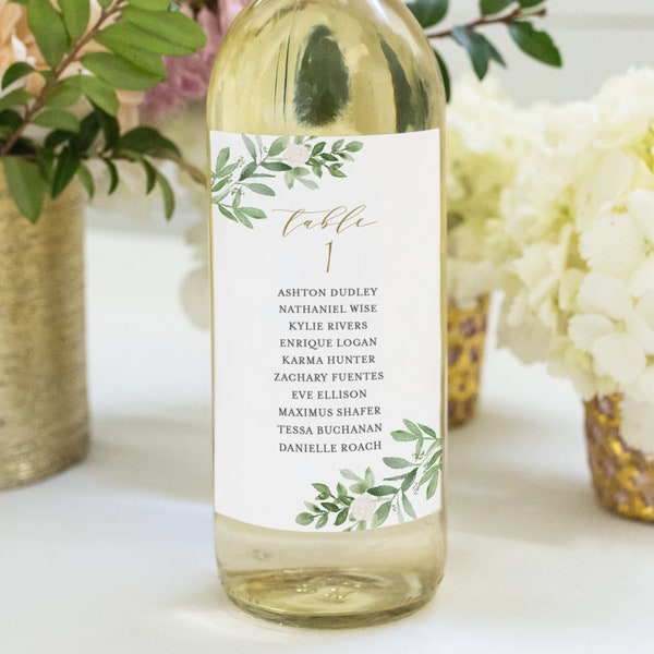Druckbare Tischnummern Weinflaschenetiketten Vorlage - Awareness Label 3x5 & 3.5x5 - Aquarell Grün und weiße Blumen Hochzeitsetikett GWF23