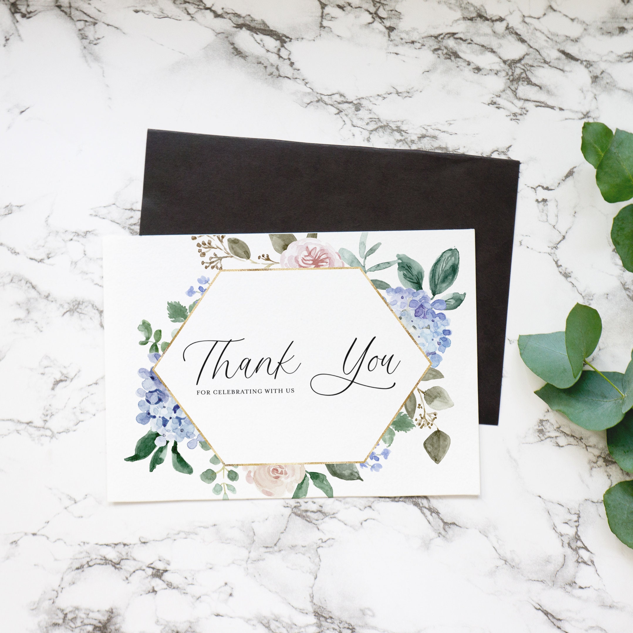 Blue Floral Thank You Card - Printable Watercolor Hydrangeas and Roses ...