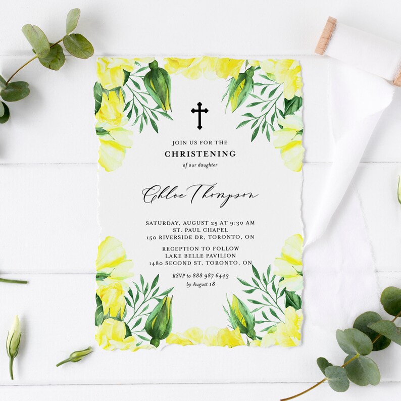 Printable Floral Christening Invitation Template Yellow Etsy