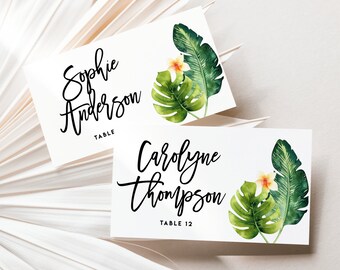 Printable Tropical Greenery Place Card Template - Watercolor Tropical Leaves and Plumeria Wedding Escort Cards - Editable Place Card TP52
