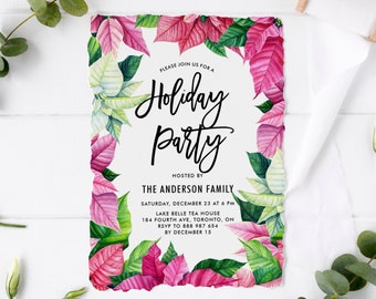 May include: A white invitation with a pink and green poinsettia border. The text reads "Please join us for a Holiday Party Hosted by The Anderson Family Saturday, December 23 at 6 PM Lake Belle Tea House 184 Fourth Ave, Toronto, ON RSVP to 888 987 654 by December 15."