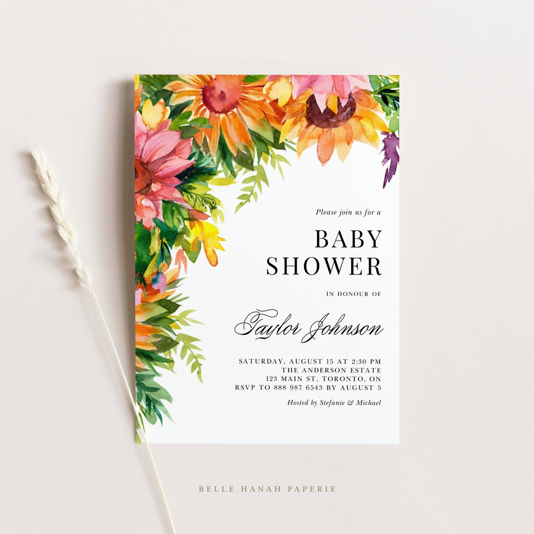 Sunflower Baby Shower Invitation Template - Printable Rustic Watercolor ...