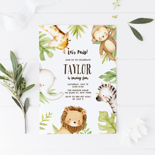 Modèle imprimable d'invitation de fête d'anniversaire de safari - animaux mignons de safari d'aquarelle - bricolage, invitation modifiable de premier anniversaire de jungle SF87