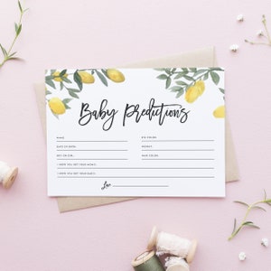 Tarjeta de predicciones de bebé de limón Boho - acuarela rústica imprimible guirnalda de limón juego de predicciones de baby shower de verano - Descarga instantánea BLW1