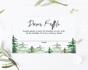 Printable Woodland Diaper Raffle Card - Watercolor Rustic Forest Diaper Raffle Ticket - Trees Baby Shower Game - Instant Download WF63