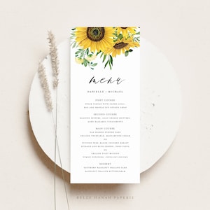 Modelo de cartão de menu de casamento de girassóis para impressão - cartão de menu de casamento rústico aquarela 4x9 girassóis e eucalipto - cartão de menu editável SE35