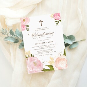 Printable Christening Invitation - Editable Floral Christening Invitation - Watercolor Pink Peonies and Roses Template - Instant Download