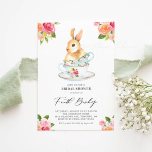 Modello stampabile per invito per doccia nuziale per tea party - Coniglietto ad acquerello fai-da-te e tazze da tè da tè da sposa floreale Evite - 100% modificabile BT41